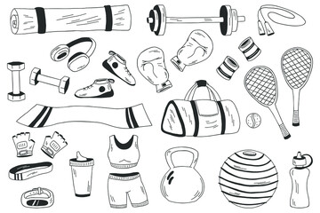 Sport inventory set. Different isolated fitness inventory and gym accessories, healthy lifestyle concept.