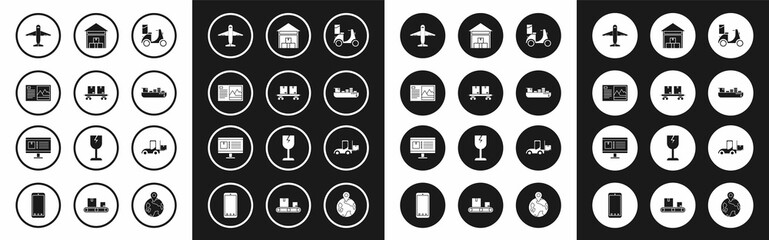 Set Scooter delivery, Railway carriage, Postcard, Plane, Cargo ship with boxes service, Warehouse, Forklift truck and Computer monitor app tracking icon. Vector