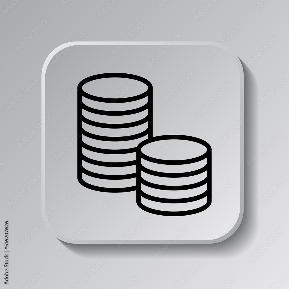 Aufkleber coins, money simple icon vector. flat design. black icon on square button with shadow. grey backgrou