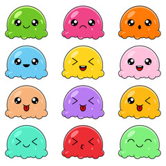 Cute kawaii colored jelly set. Delicious jelly cartoon characters
