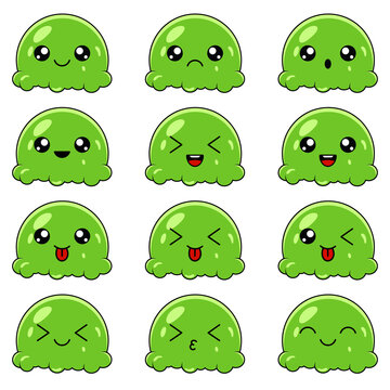 Cute kawaii green jelly set. Delicious jelly cartoon characters