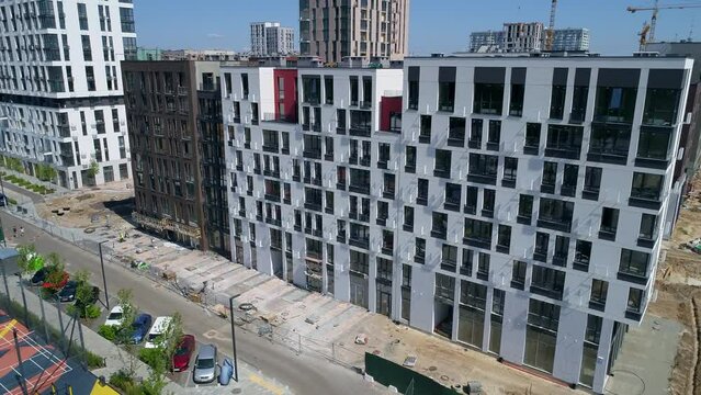 Drone aerial view modern building Residential complex Nice town. Construction of residential premises. Kyiv capital of Ukraine