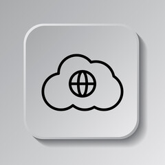 Globe, cloud simple icon vector. Flat design. Black icon on square button with shadow. Grey background.ai