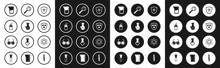 Fototapeta premium Set Biohazard symbol on shield, Test tube and flask chemical, Laboratory wash bottle, glassware beaker, Radioactive in, Microorganisms under magnifier, Atom and glasses icon. Vector