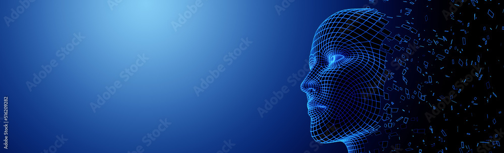 Aufkleber digital human face. artificial intelligence ai. dispersion dissolve disintegration. 3d render illust