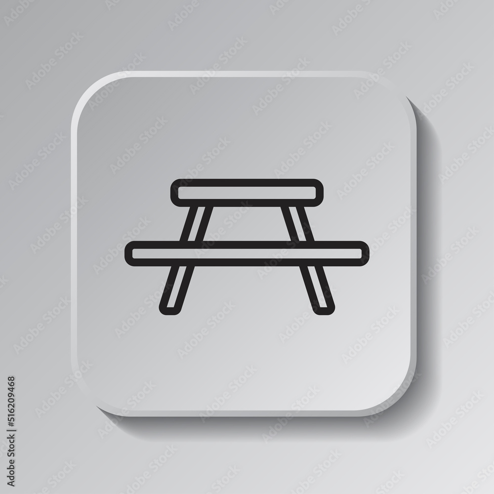 Poster picnic, camping table simple icon vector. flat design. black icon on square button with shadow. grey