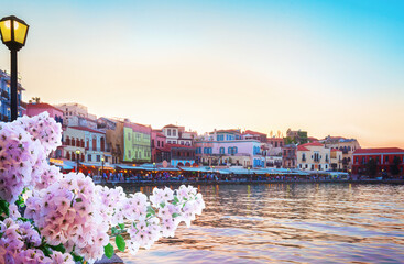 venetian habour and Turkish Mosque Yiali Tzami of Chania