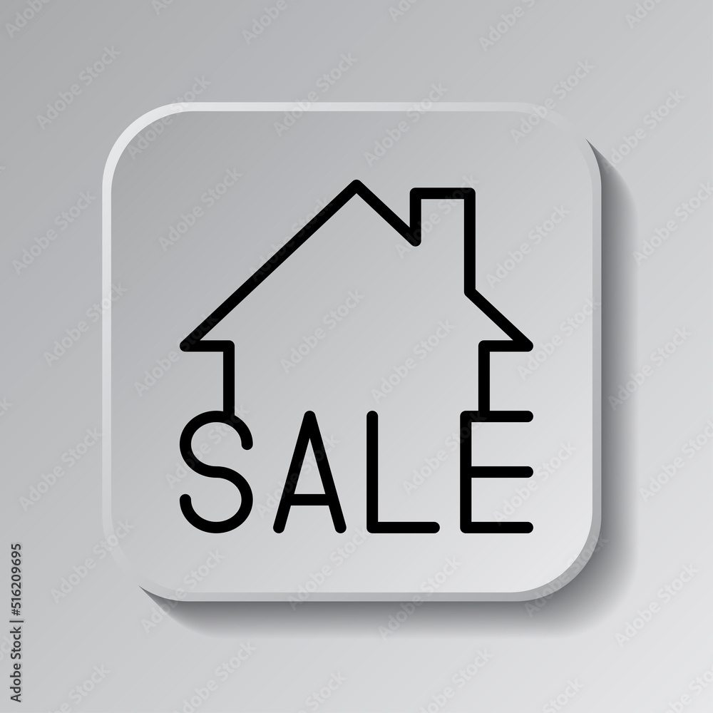 Poster sale, house simple icon vector. flat design. black icon on square button with shadow. grey backgroun
