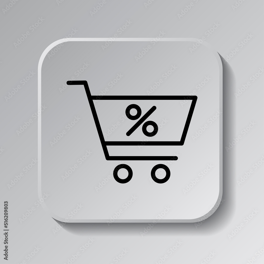 Poster shopping cart, percent simple icon vector. flat design. black icon on square button with shadow. gre
