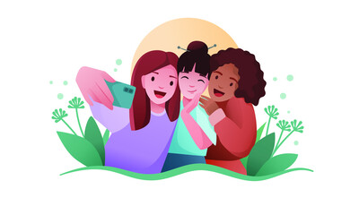 Bright vector illustration, plot, multinational. Three girlfriends take a photo on the phone, the picture is on a white background.
The illustration is perfect for web design and banners.