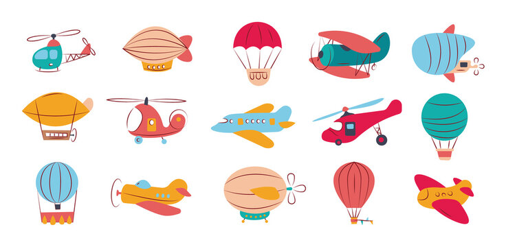 Kids transport. Hand drawn childish illustrations of aircraft toys airplanes helicopters garish vector travelling concept pictures