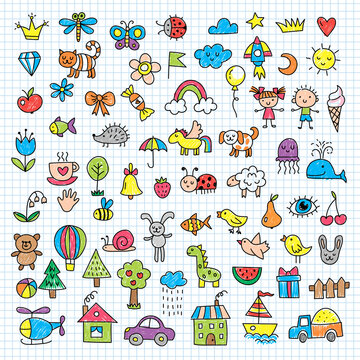 Kids sketches. Pencil doodles funny hand drawn set clouds house animals recent vector illustrations set isolated