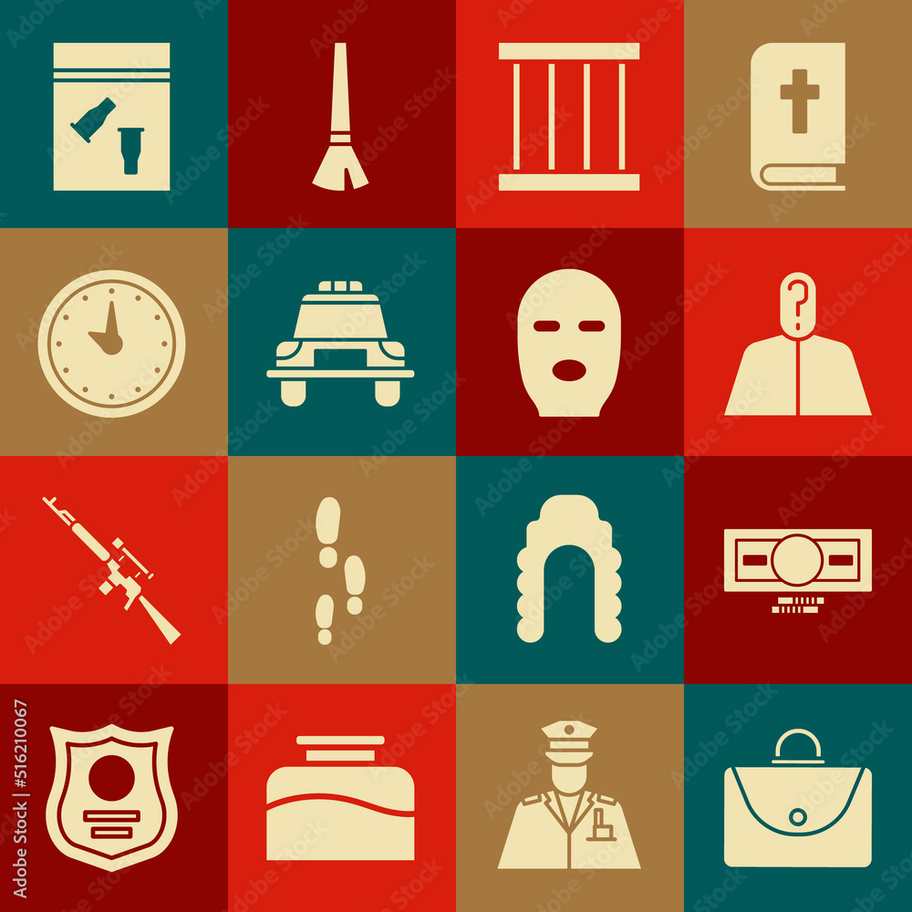 Canvas Prints Set Briefcase, Stacks paper money cash, Anonymous with question mark, Prison window, Police car and flasher, Clock, Evidence bag bullet and Thief mask icon. Vector