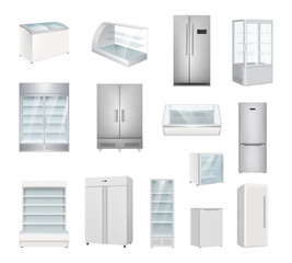 Refrigerators. Industrial and home frozen refrigerators various models decent vector illustrations in realistic style