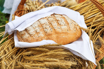 A fresh round loaf of bread is wrapped in a napkin on ears.
