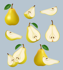 Pear realistic. Sliced helthy fruit diet dessert decent vector garden botanical pears collection