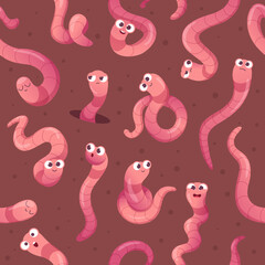 Worms pattern. Crawlers in action poses funny creeping insects in ground exact vector seamless background