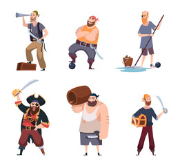 Obraz premium Pirates. Vintage aggressive sailors captain jack with rum and weapons exact vector pirate characters in action poses