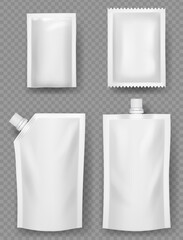 Plastic pouches. Containers white mockup templates of plastic packages for liquid canned food mayonez ketchup decent vector illustrations