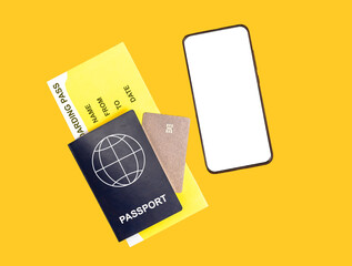 Mockup of mobile app for travel, passport, boarding pass and credit card on yellow background. Tourism concept. Necessary items for air trip. High quality photo