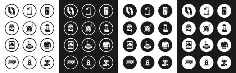 Set Computer, Viking in horned helmet, Energy drink, Socks, Nerd geek, Table lamp, Sweater and Card game icon. Vector