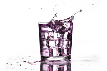 A glass with ice and a purple liquid splashing