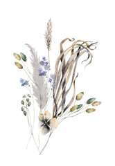 Wildflowers, herbs boho border painted in watercolor. Dried pampas grass floral bouquet, frame. Botanical boho elements isolated on white. Wedding invitation, greeting, card, print, scrapbooking