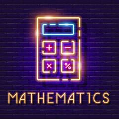 Obraz premium Calculator neon sign. Mathematics lesson banner