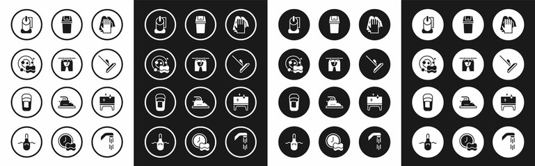 Set Cleaning service, Drying clothes, Washing dishes, Toilet paper roll, Mop, Trash can, table and Bucket with rag icon. Vector