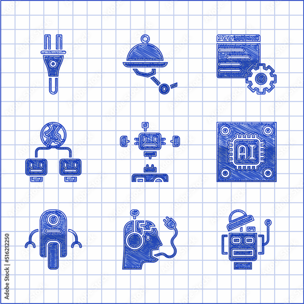 Poster set disassembled robot, robot charging battery, processor with microcircuits cpu, artificial intelli