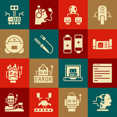 Set Robot for maintenance, Computer api interface, blueprint, Artificial intelligence, Soldering iron, vacuum cleaner, and Battery icon. Vector