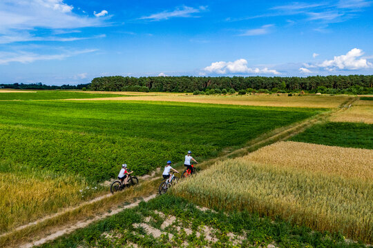 Happy mother and kids on bikes cycling outdoors. active family sport and fitness together. happy family on bike ride outdoors. drone photo