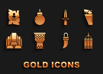 Set Drum, Revolver gun in holster, Dynamite bomb, Tooth, Gold bars, Dagger, Wanted western poster and Bomb ready to explode icon. Vector