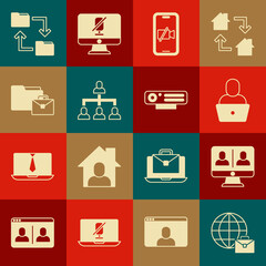 Set Online working, Video chat conference, Freelancer, camera Off mobile, Hierarchy organogram chart, Cloud storage document folder and Web icon. Vector