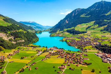 Lake Lungern in swiss Alps mountains, Switzerland
