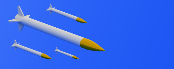 3d military guided missiles isolated on orange, copy space