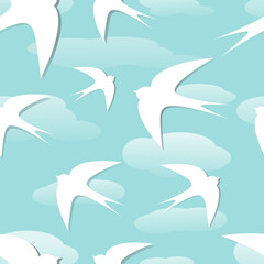 Seamless pattern with swallow. Flying swallow bird on blue background, Vector seamless pattern. Blue  pattern with white swallows and clouds. Pattern for baby fabric