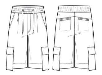 Men's Cargo Shorts fashion flat technical drawing template. Short Pants, fashion flat sketch, front and back view, white.