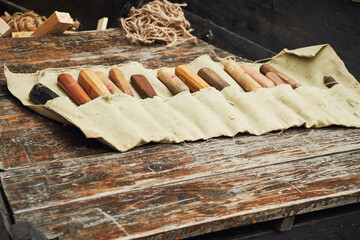 Medieval tools for the construction of sailboats and ship building. Reconstruction of the events of...