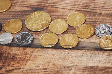 Ancient Roman coins made of metal. Reconstruction of the events of the Roman Empire