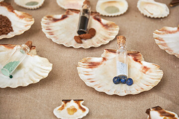 Ancient Roman cosmetics, retro perfume and vintage bath accessories. Reconstruction of events in...