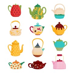 Cute cartoon teapots. Isolated teapot collection, pitcher for tea. Kitchen decorative kettle, household elements. Vintage kitchenware classy vector set