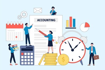 Financial management. Accounting finance auditor, money saving or investment coaching. Budget strategy calculating, business risk recent vector scene