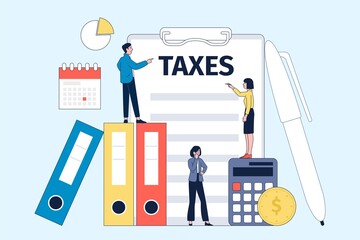 Tax concept. Taxes date, people accounting declared bills. Legal invoice and budgeting. Account form for financial income, audit service recent vector scene
