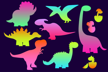 Dinosaur color neon silhouette set. Reptile shape collection, predators and herbivores dino. Funny dinosaurs. Kids design for fabric or textile. Vector illustration isolated EPS