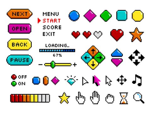 Pixel game button. 8-bit art collection for games, ui interface graphic. Gaming elements, video app for play symbols. Levels start menu tidy color vector set