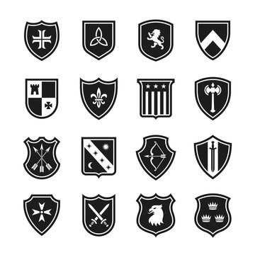 Heraldic shields icons. Protection icon, shield safeguarding of honor. Antivirus sign, various shielding badges of army, firewall, protect tidy vector set
