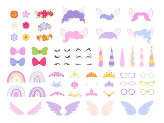 Pony unicorn face elements. Unicorns mask, cartoon eyelash and horns. Magic childish elements, ears and bouquet. Fairy children racy vector clipart © LadadikArt