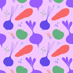 Vegetable seamless pattern. Summer garden ornament. Bright veggies on white background. Cute vegan healthy food texture. Flat silhouette. EPS