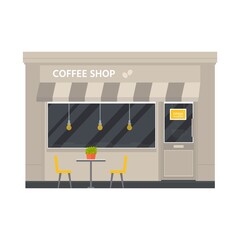 Vector flat design restaurants exterior and shops facade: book store, barber shop, supermarket, coffee. Store front window buildings icons isolated on white background. - 516216478